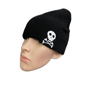 Skull Beanie Hat Black Knit Winter Embroidered Acrylic Child Size Crossbones